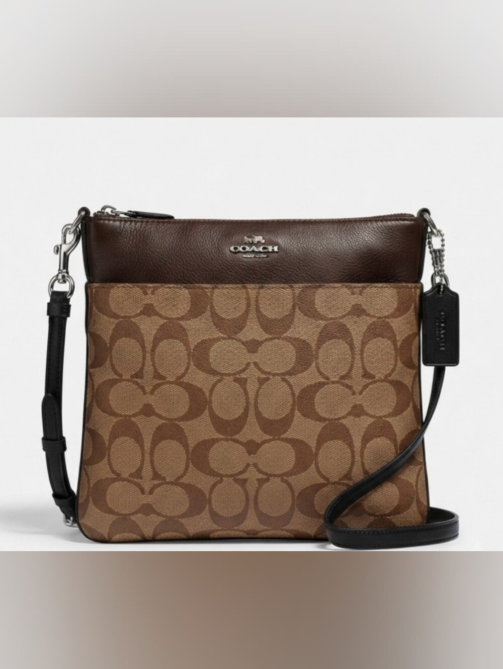 Authentic COACH Signature File Bag Crossbody Canvas Brown Leather (9" x 8.5")